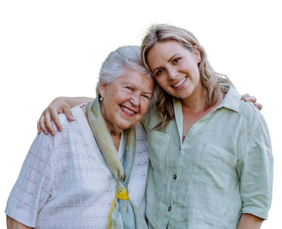 Smiling elderly woman and young woman standing close together with arms around each other, transparent background.